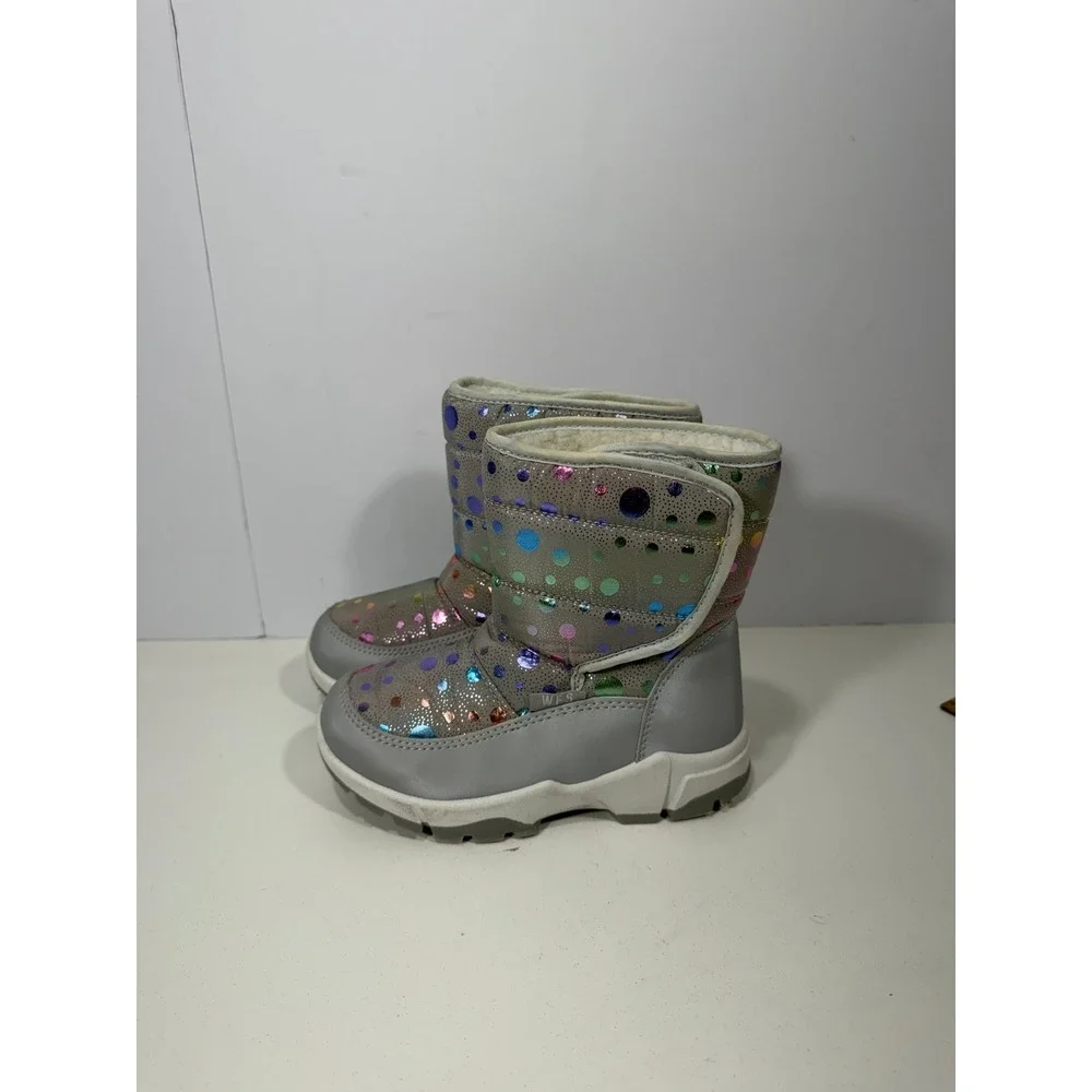 WFS Girls Gray Snow Boots Rainbow Iridescent Polka Dot Faux Fur Lined boot